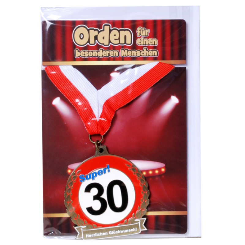 Udo Schmidt Orden 30 auf Karte mit rot weißem Band originelle Geburtstagsmedaille zum 30 Geburtstag